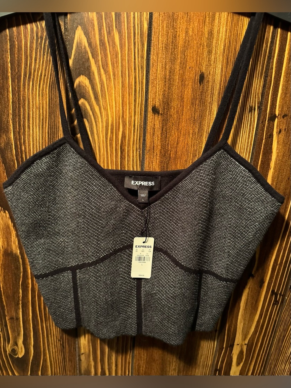 Express NWT Herringbone Textured Knit Cropped Sweater Tank Top Gray Black L
